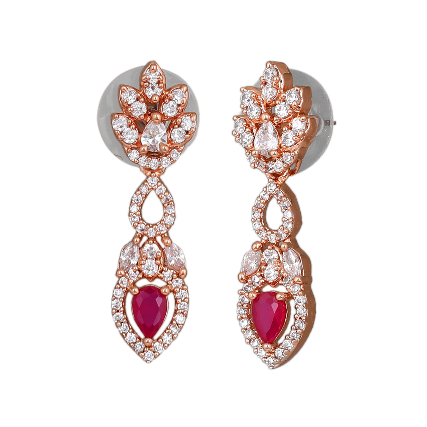 Estele Rose Gold Plated CZ Elegant Drop Earrings with Ruby Stones for Women