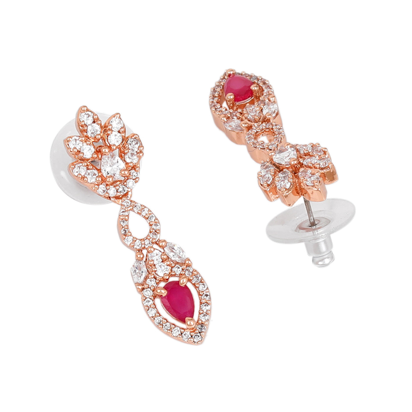 Estele Rose Gold Plated CZ Elegant Drop Earrings with Ruby Stones for Women