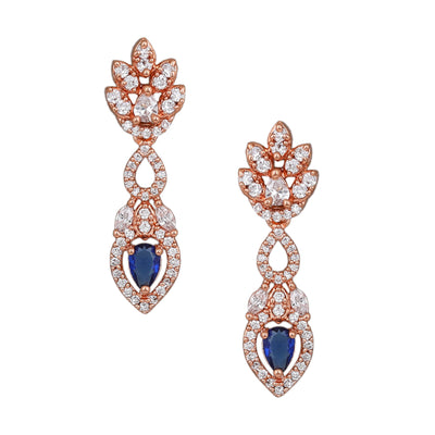 Estele Rose Gold Plated CZ Classic Pear Designer Necklace Set with Blue Stones for Women