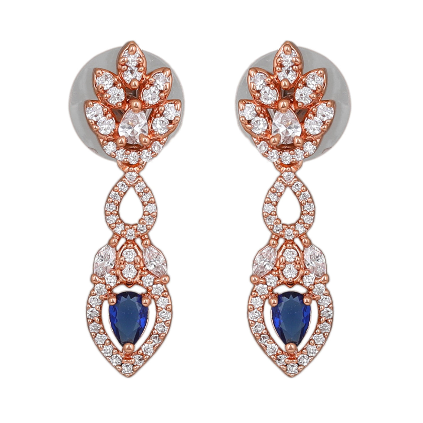 Estele Rose Gold Plated CZ Classic Pear Designer Necklace Set with Blue Stones for Women