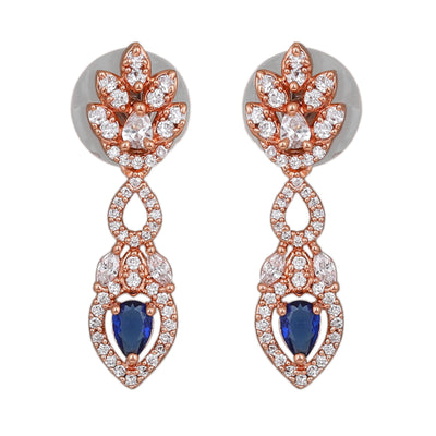 Estele Rose Gold Plated CZ Classic Pear Designer Necklace Set with Blue Stones for Women