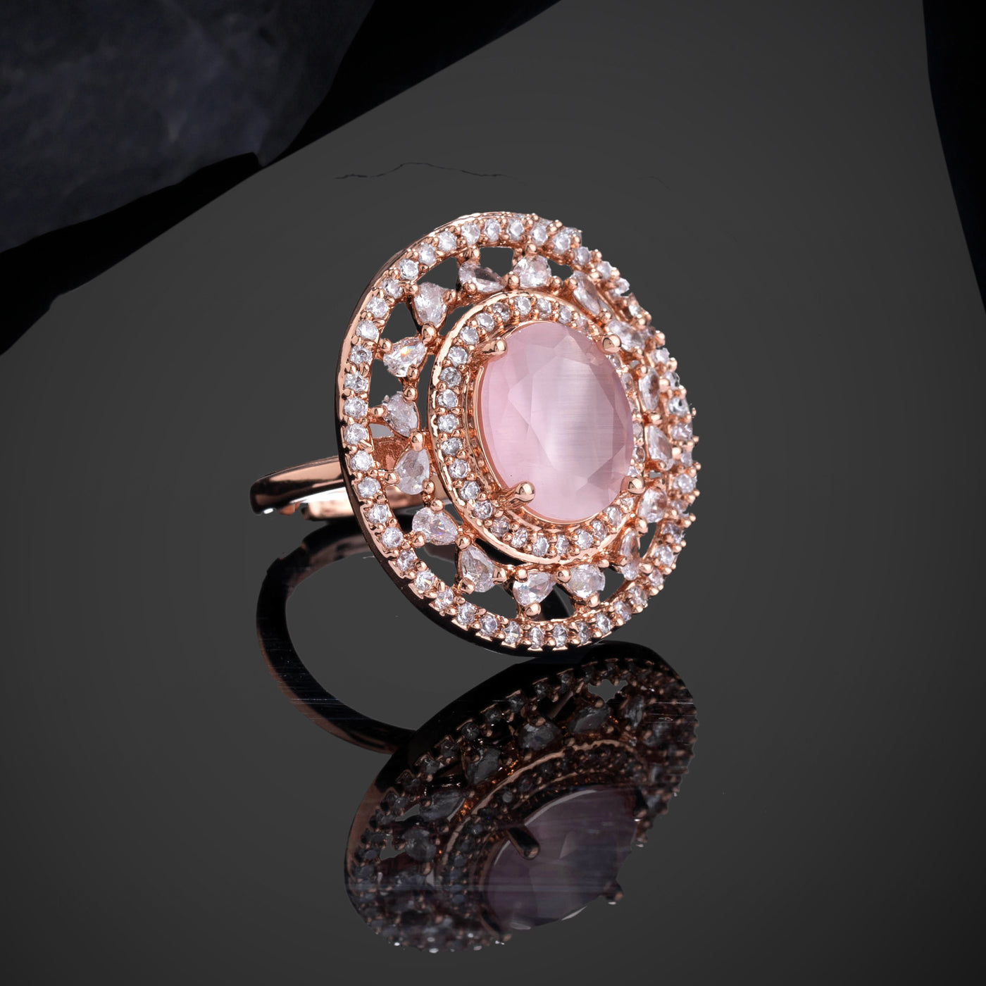 Estele Rose Gold Plated CZ Gorgeous Finger Ring with Mint Pink Stones for Women