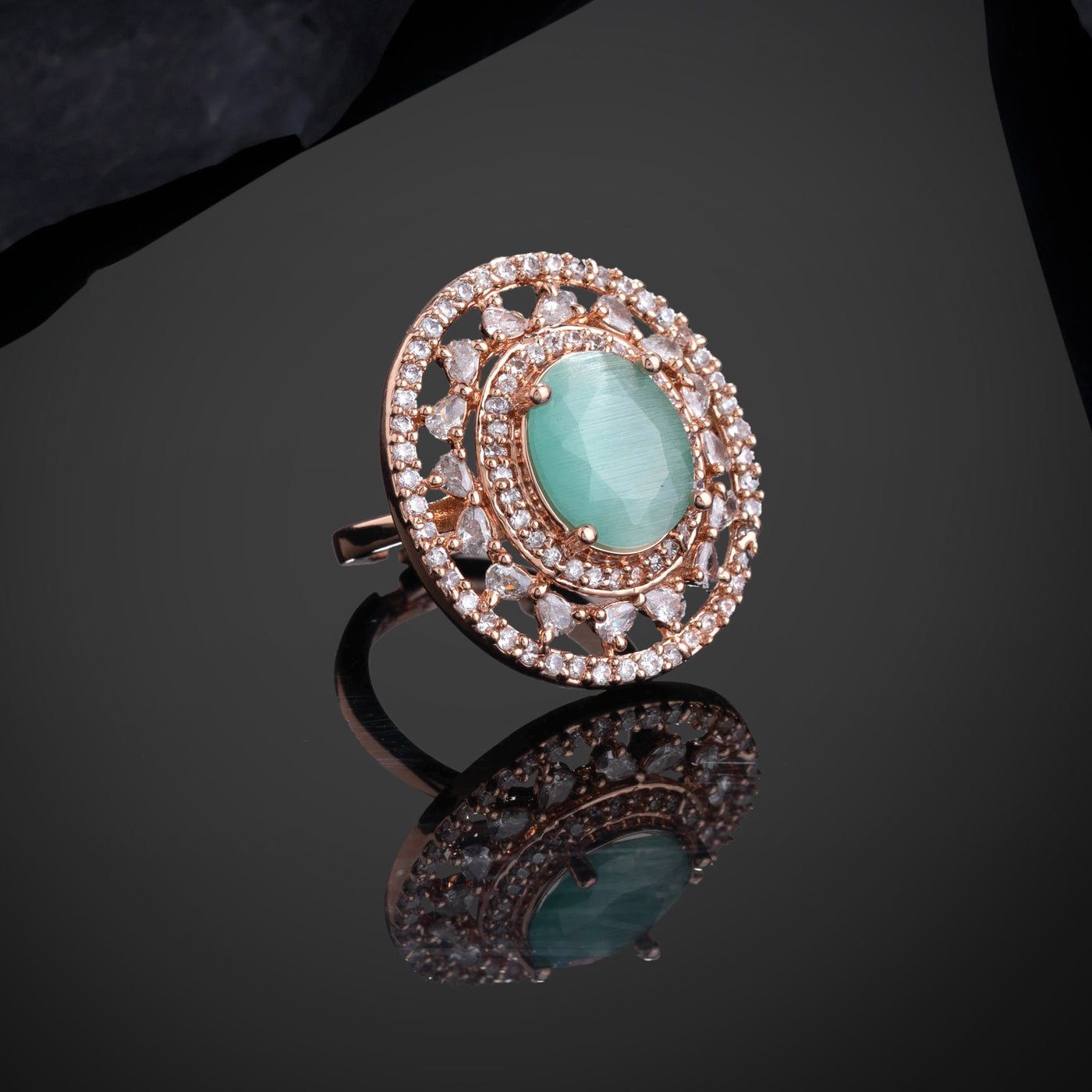 Estele Rose Gold Plated CZ Gorgeous Finger Ring with Mint Green Stones for Women