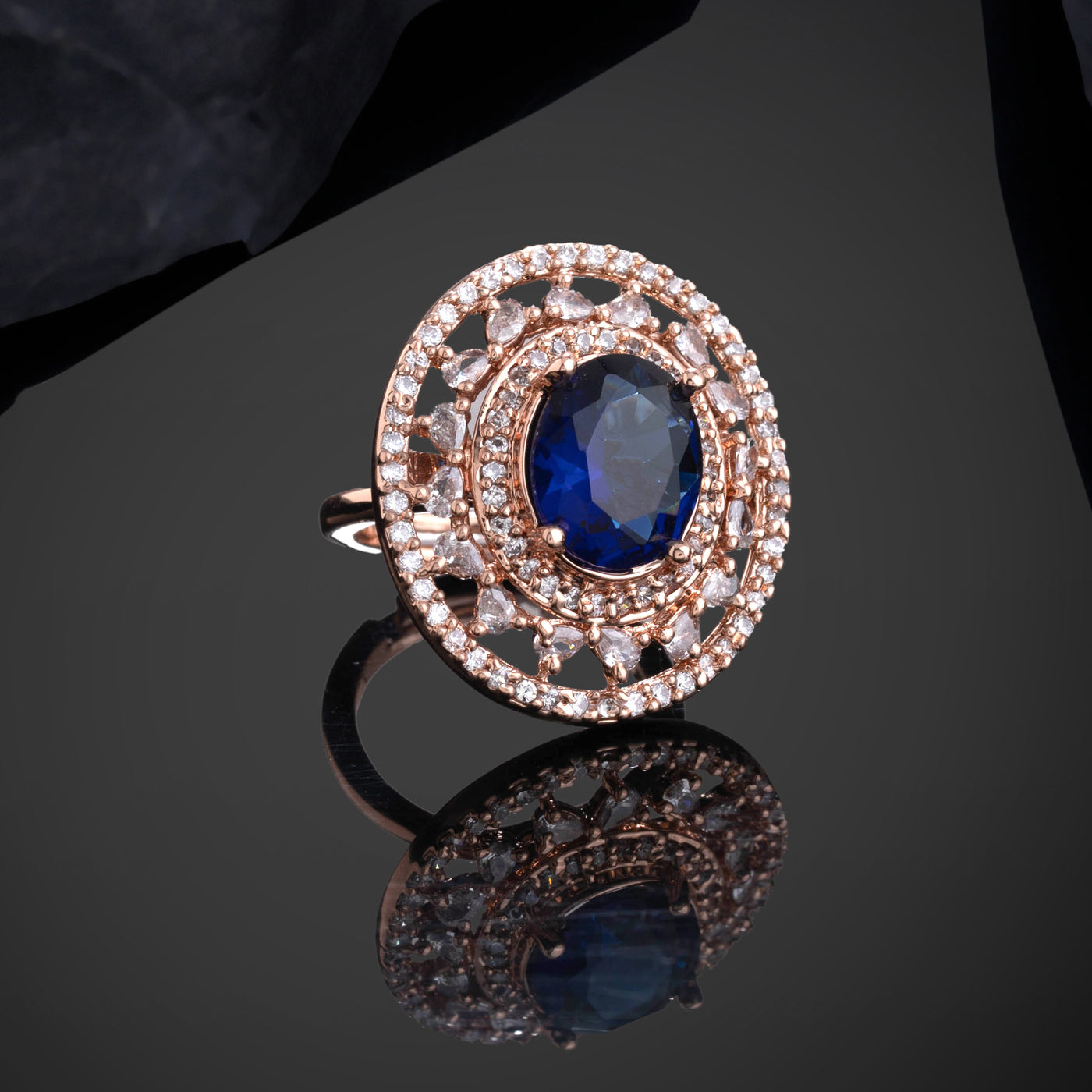 Estele Rosegold Plated Classic Blue American Diamond (Adjustable) Finger Ring for Women