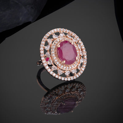 Estele Rosegold Plated Sparkling Ruby American Diamond (Adjustable)Finger Ring for Girls & Women