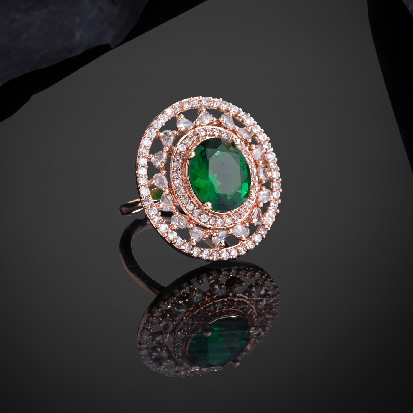 Estele Rose Gold Plated CZ Gorgeous Finger Ring with Green Stones for Women