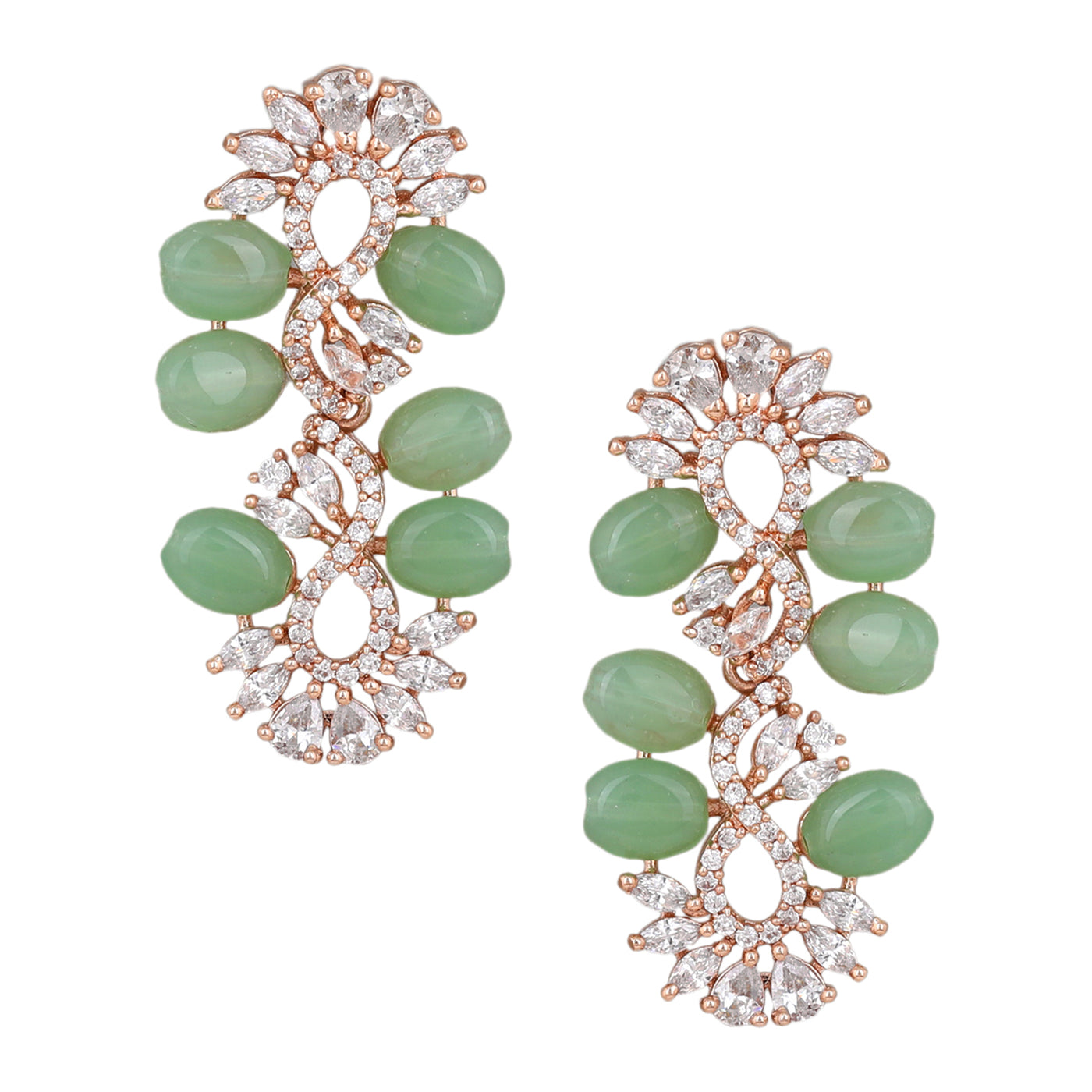 Estele Rose Gold Plated CZ Glittering Necklace Set with Mint Green Beads for Women