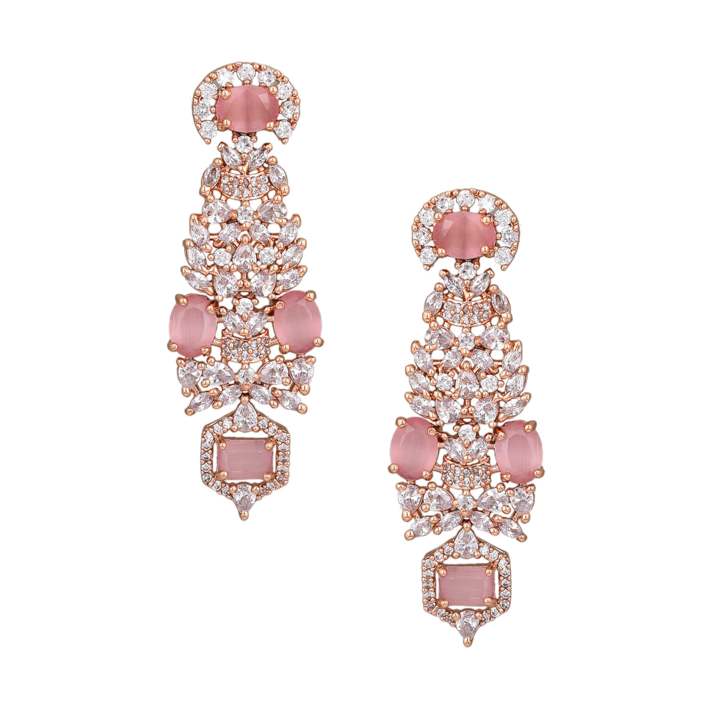 Estele Rose Gold Plated CZ Astonishing Earrings with Mint Pink Stones for Women