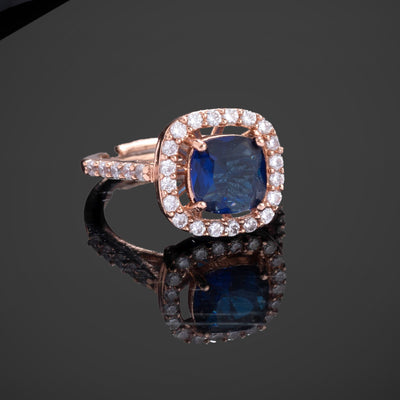 Estele Rose Gold Plated CZ Stylish Square Designer Finger Ring with Blue Stones for Women(Adjustable)