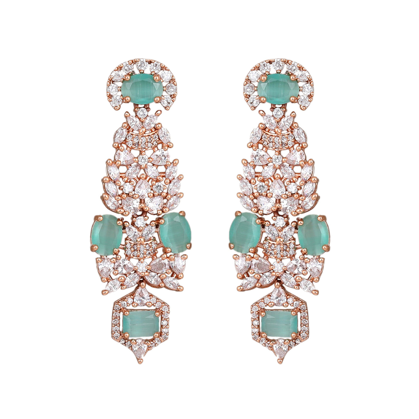 Estele Rose Gold Plated CZ Astonishing Earrings with Mint Green Stones for Women