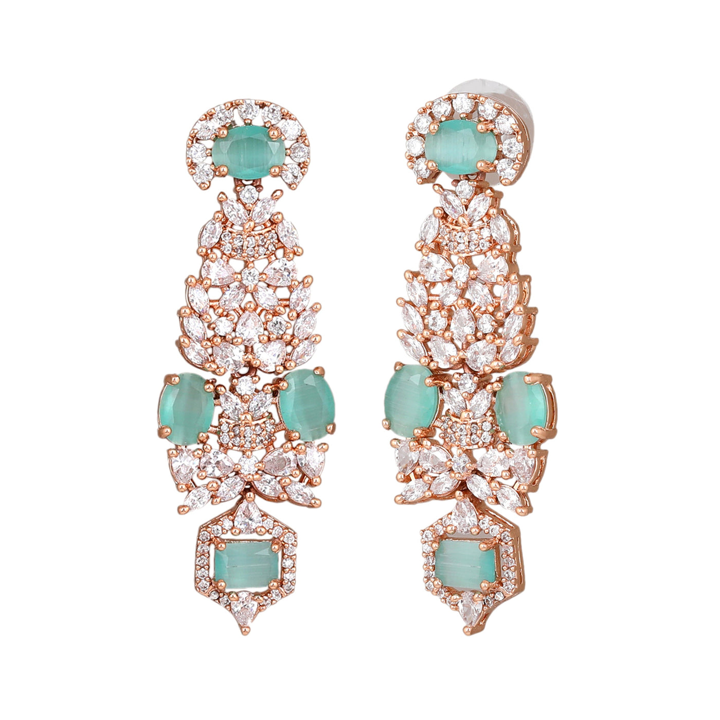 Estele Rose Gold Plated CZ Astonishing Earrings with Mint Green Stones for Women