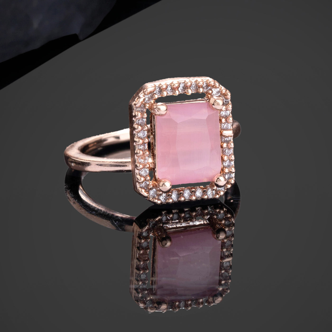 Estele Rose Gold Plated CZ Sparkling Finger Ring with Mint Pink Stones for Women(Adjustable)