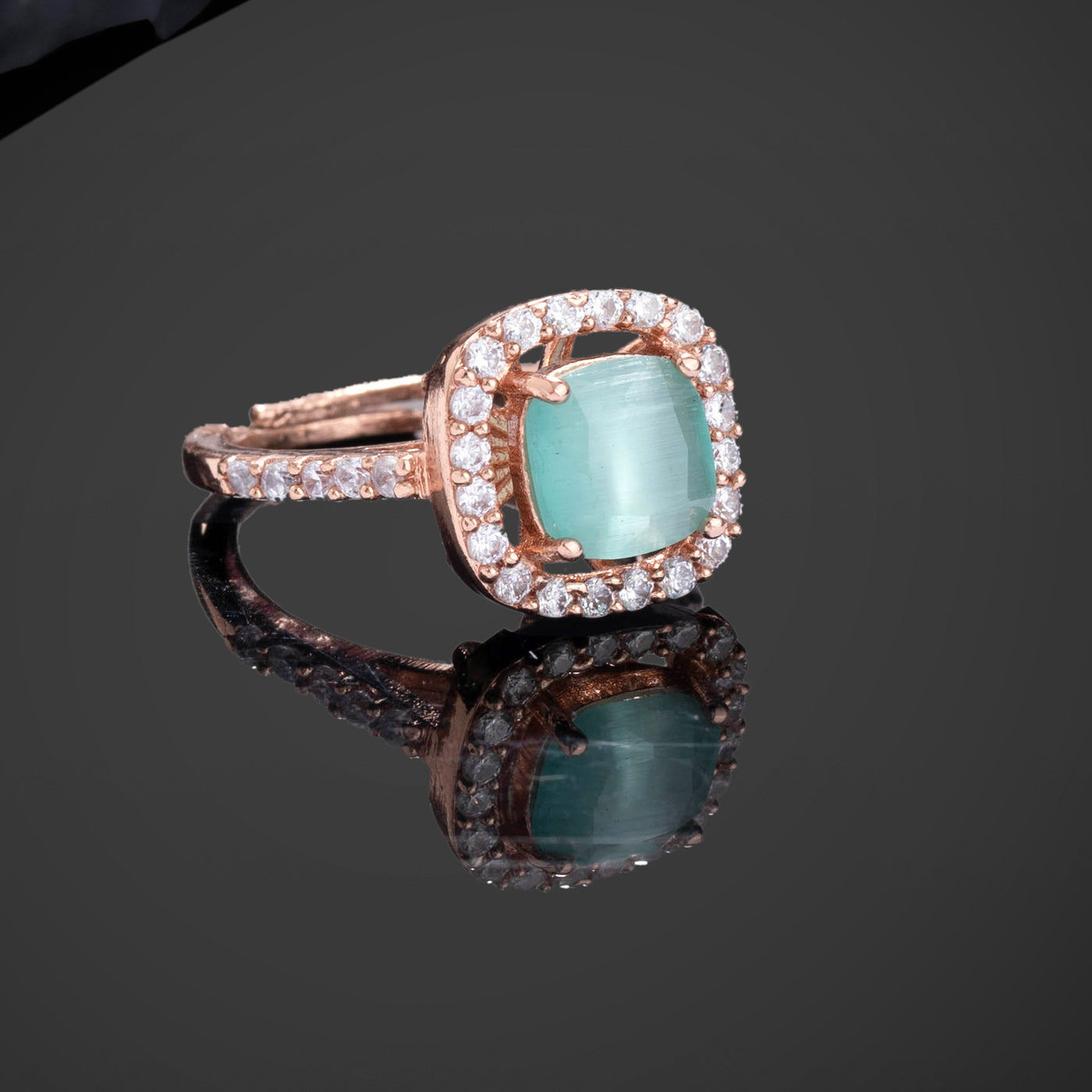 Estele Rose Gold Plated CZ Stylish Square Designer Finger Ring with Mint Green Stones for Women(Adjustable)