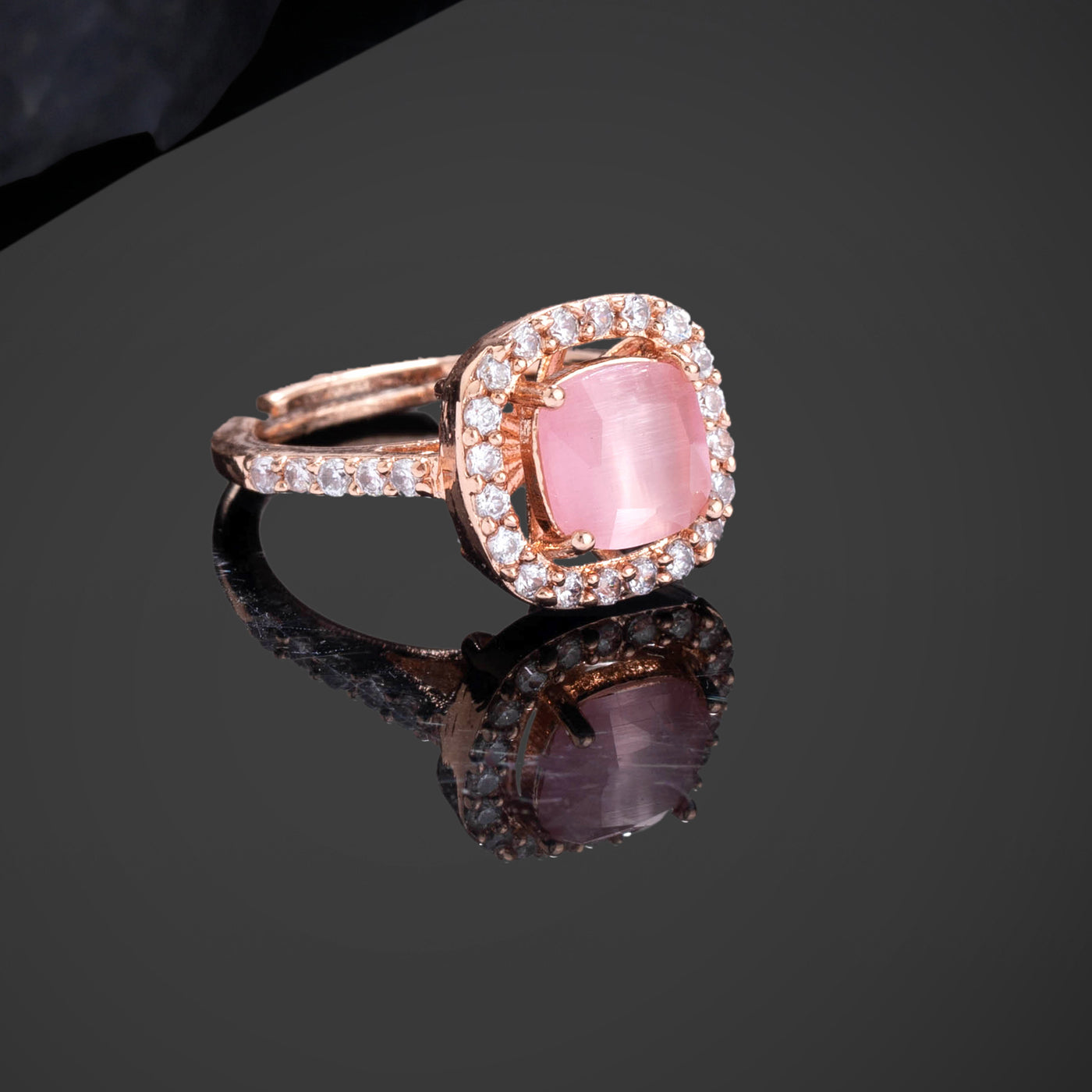 Estele Rose Gold Plated CZ Stylish Square Designer Finger Ring with Mint Pink Stones for Women(Adjustable)