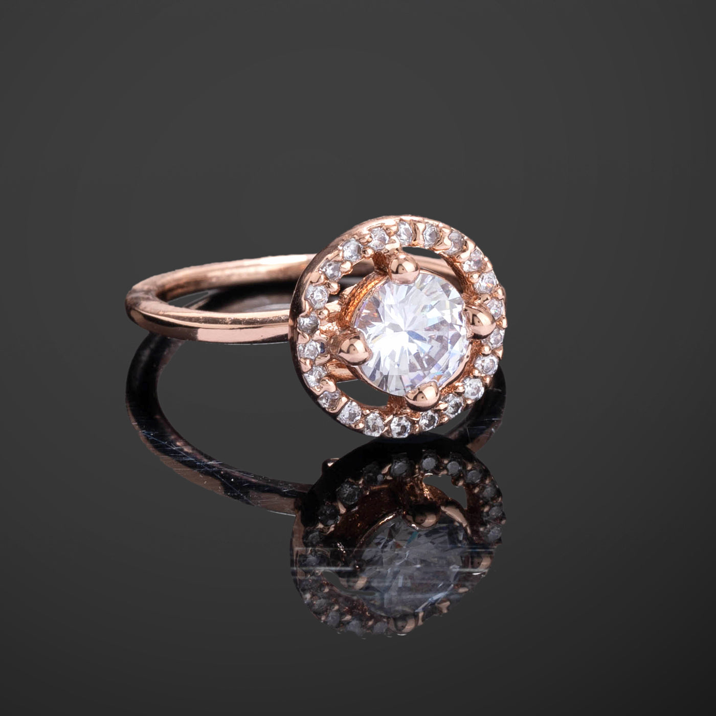 Estele Rose Gold Plated CZ Circular Halo Solitaire Finger Ring with White Stones for Women(Adjustable)