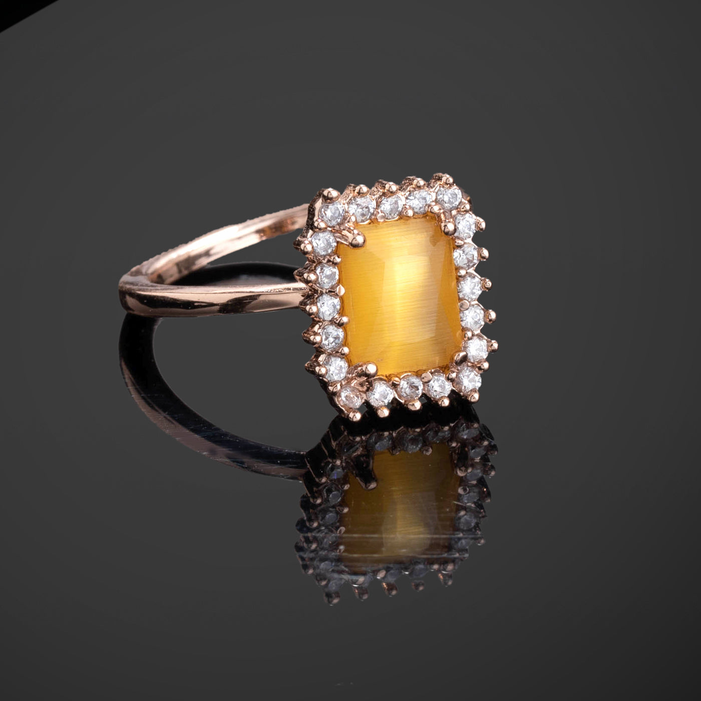 Estele Rose Gold Plated CZ Square Designer Finger Ring with Yellow Stone for Women(Adjustable)