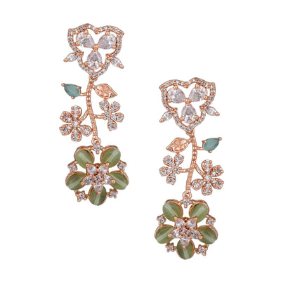 Estele Rose Gold Plated CZ Exquisite Floral Earrings with Mint Green Stones for Women