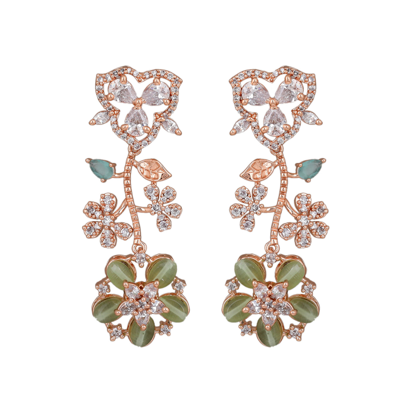 Estele Rose Gold Plated CZ Exquisite Floral Earrings with Mint Green Stones for Women