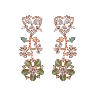 Estele Rose Gold Plated CZ Exquisite Floral Earrings with Mint Green Stones for Women