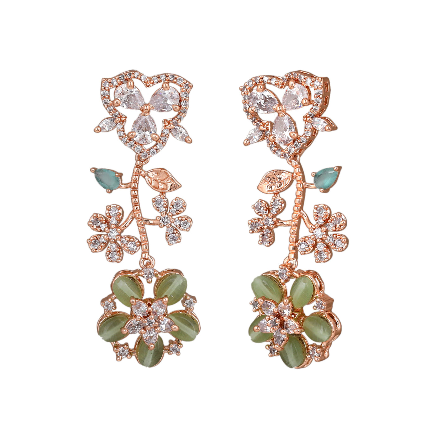 Estele Rose Gold Plated CZ Exquisite Floral Earrings with Mint Green Stones for Women