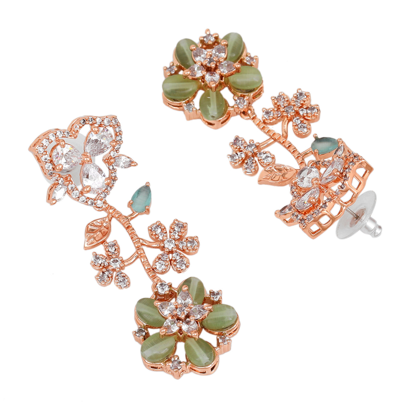 Estele Rose Gold Plated CZ Glamorous Floral Necklace Set with Mint Green Beads for Women