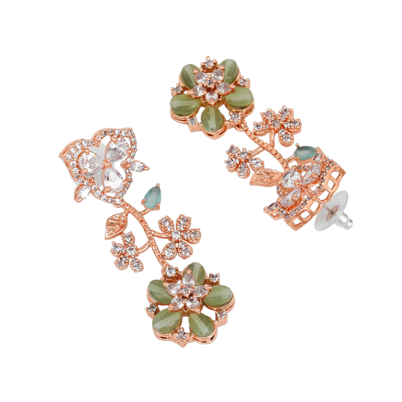 Estele Rose Gold Plated CZ Exquisite Floral Earrings with Mint Green Stones for Women