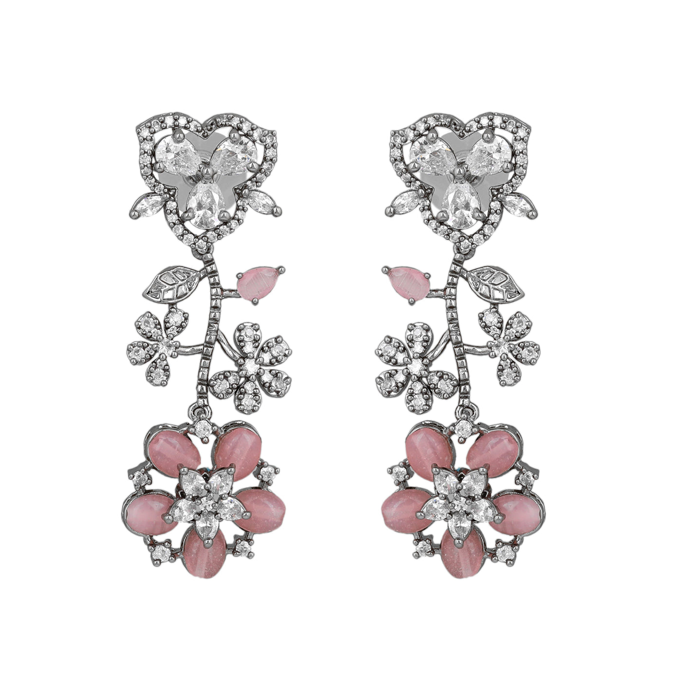 Estele Victorian Plated CZ Exquisite Floral Earrings with Mint Pink Stones for Women