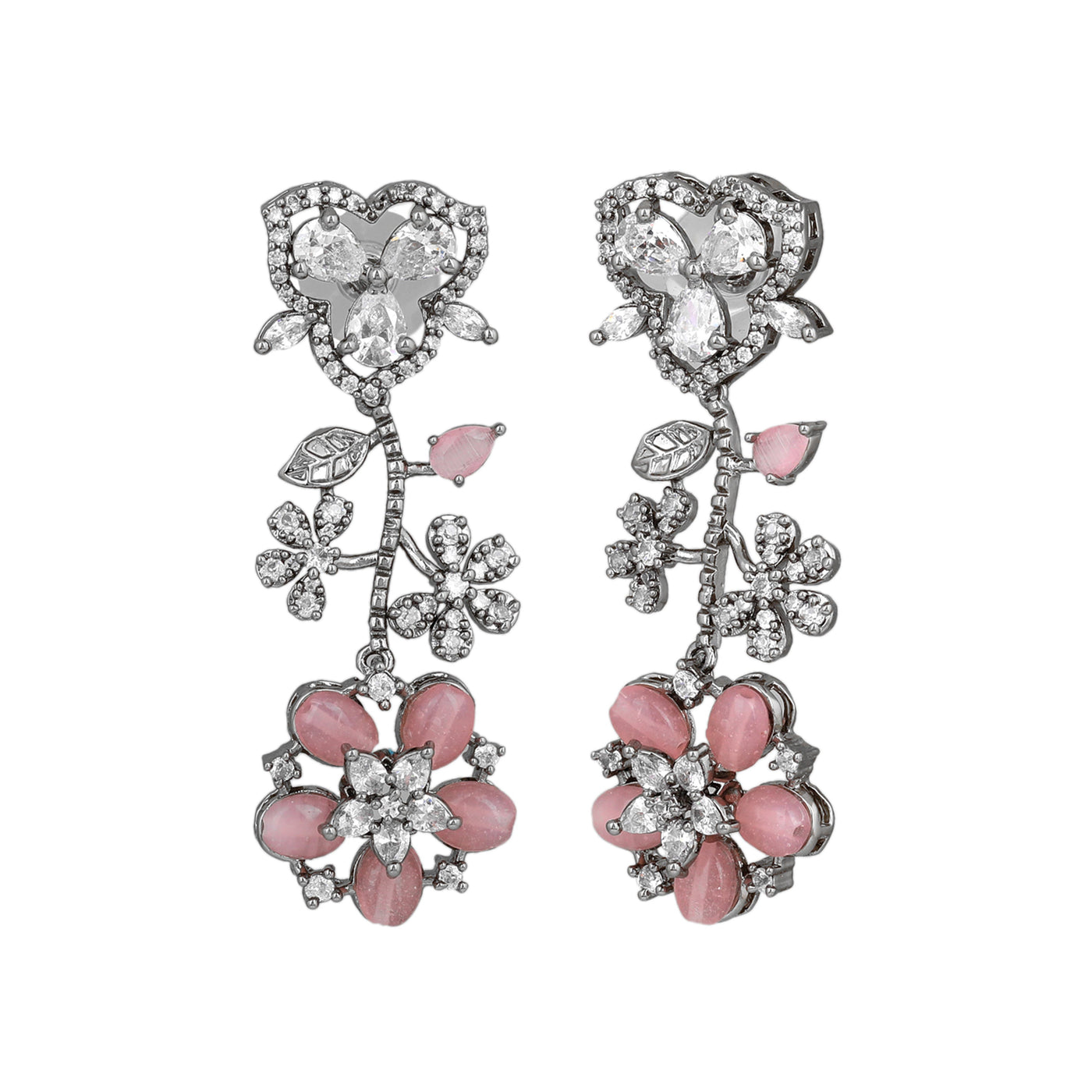 Estele Victorian Plated CZ Exquisite Floral Earrings with Mint Pink Stones for Women