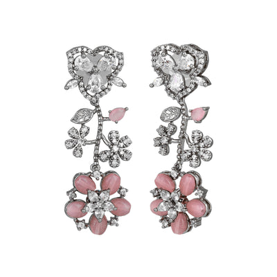 Estele Victorian Plated CZ Exquisite Floral Earrings with Mint Pink Stones for Women