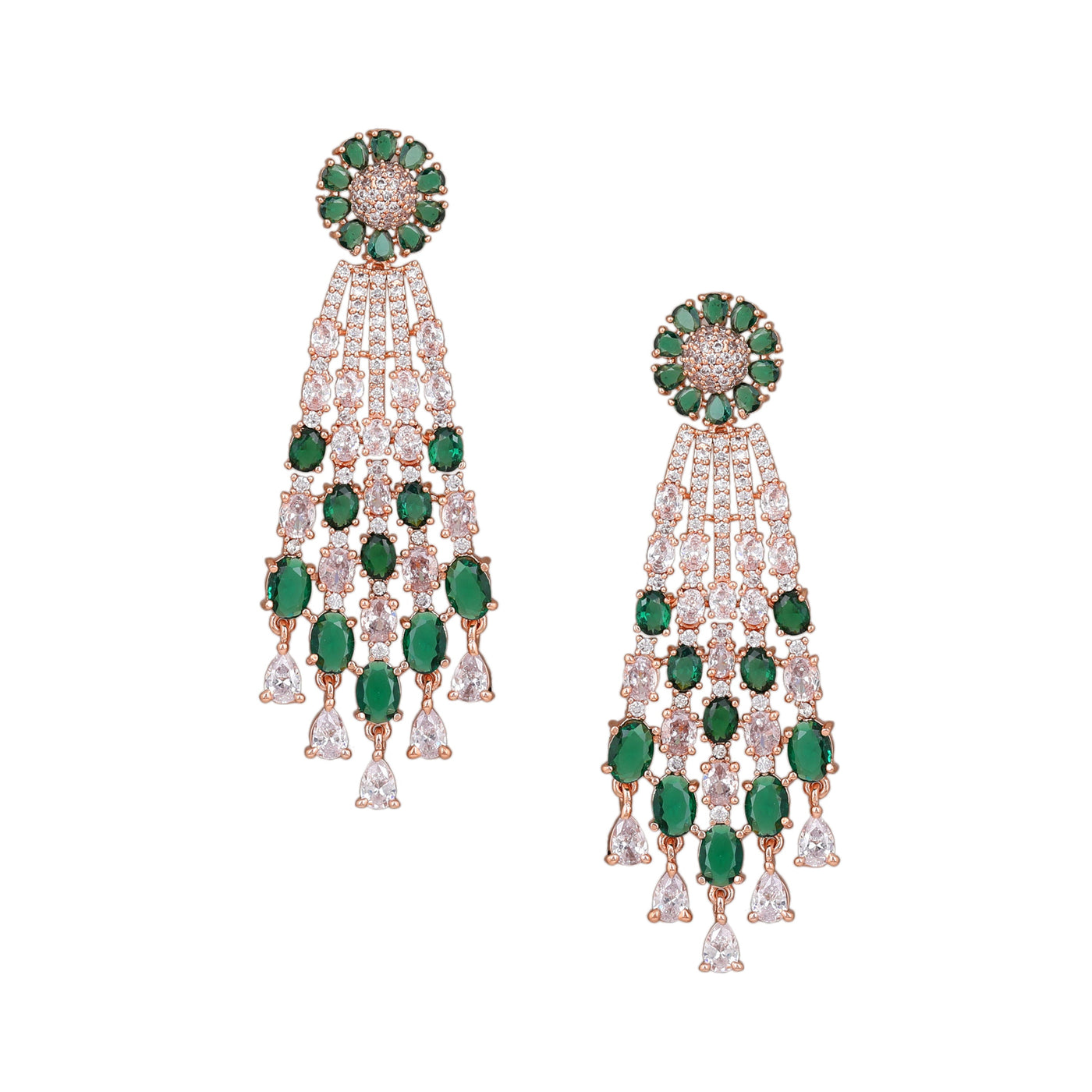 Estele Rose Gold Plated CZ Shimmering Earrings with Green Stones for Women