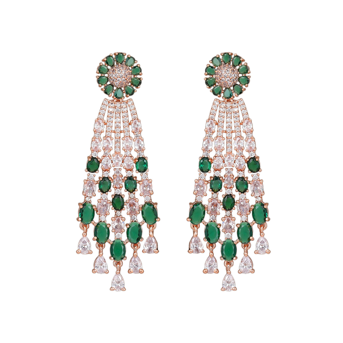 Estele Rose Gold Plated CZ Shimmering Earrings with Green Stones for Women