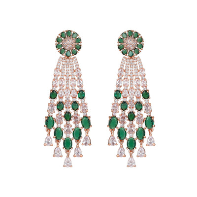 Estele Rose Gold Plated CZ Shimmering Earrings with Green Stones for Women