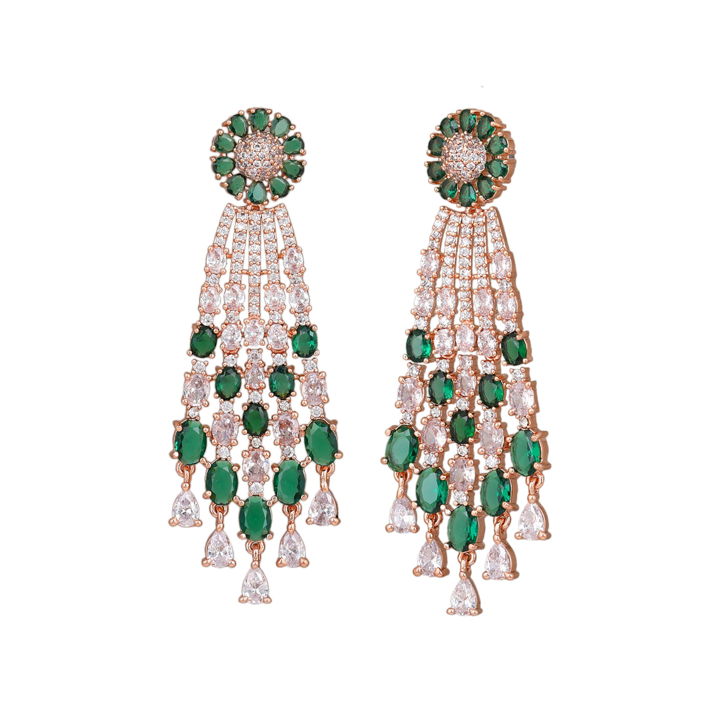 Estele Rose Gold Plated CZ Shimmering Earrings with Green Stones for Women