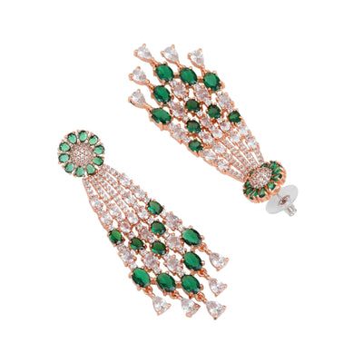 Estele Rose Gold Plated CZ Shimmering Earrings with Green Stones for Women