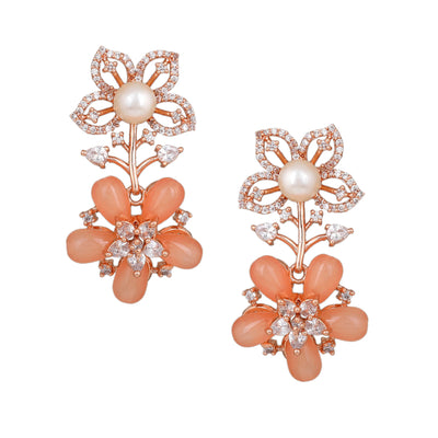 Estele Rose Gold Plated CZ Dazzling Daisy Necklace Set with Mint Orange Stones for Women