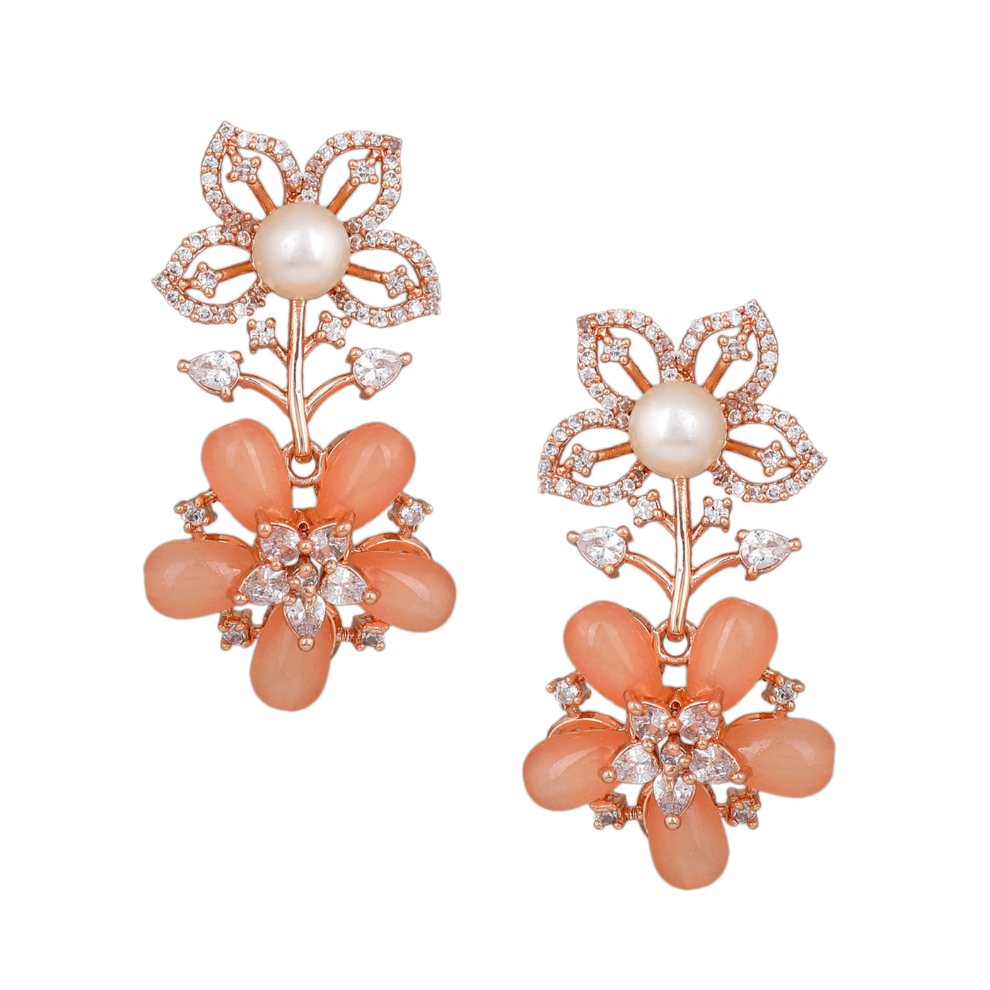 Estele Rose Gold Plated CZ Dazzling Daisy Earrings with Mint Orange Stones for Women