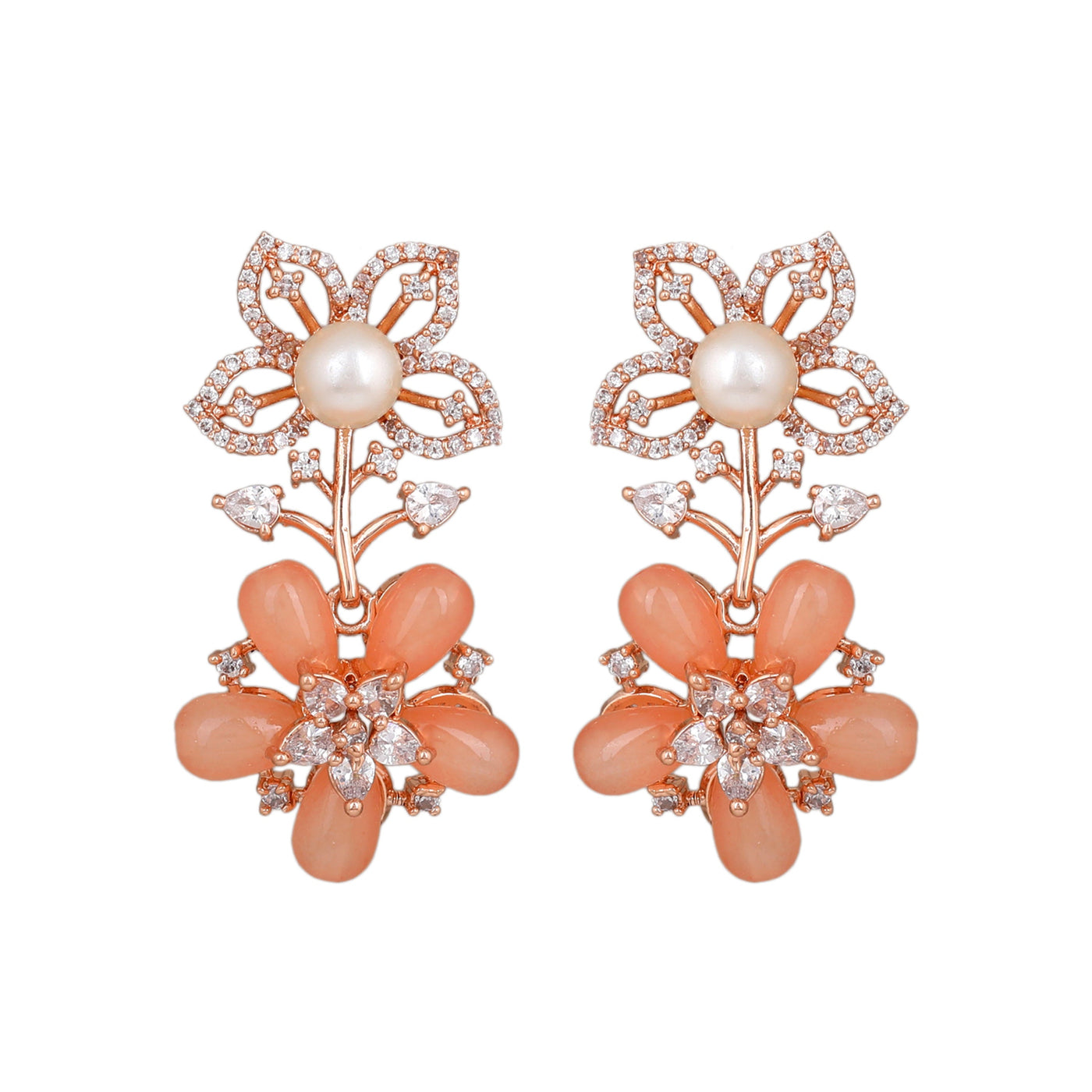 Estele Rose Gold Plated CZ Dazzling Daisy Earrings with Mint Orange Stones for Women