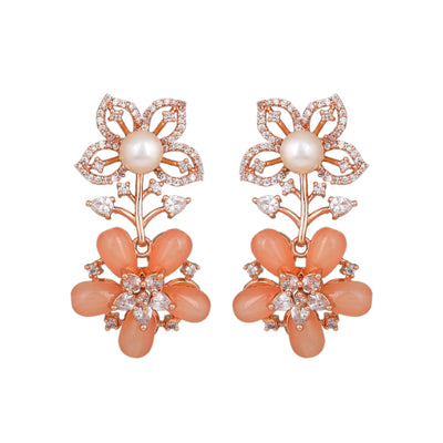 Estele Rose Gold Plated CZ Dazzling Daisy Earrings with Mint Orange Stones for Women