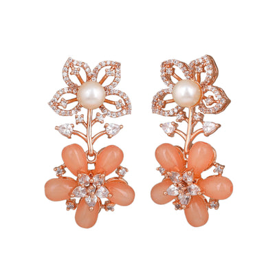 Estele Rose Gold Plated CZ Dazzling Daisy Earrings with Mint Orange Stones for Women