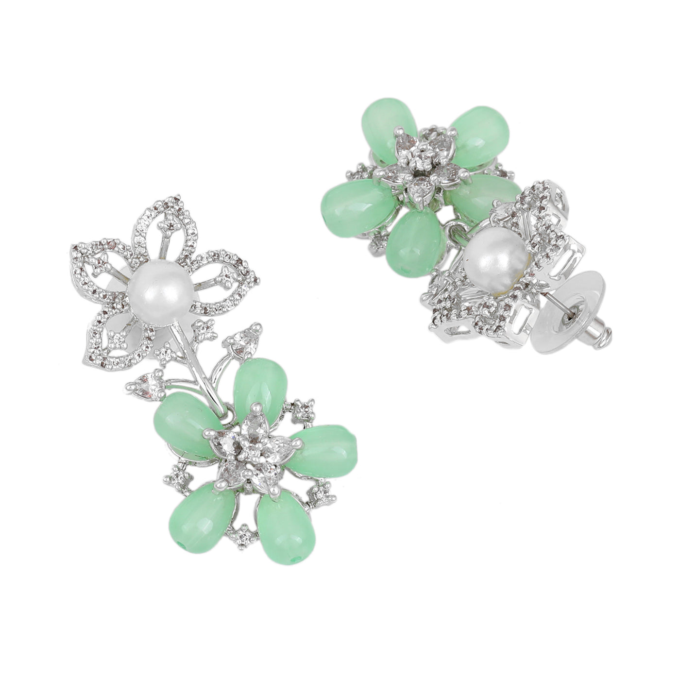 Estele Rhodium Plated CZ Dazzling Daisy Necklace Set with Mint Green Stones for Women