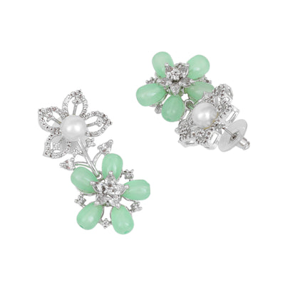 Estele Rhodium Plated CZ Dazzling Daisy Earrings with Mint Green Stones for Women