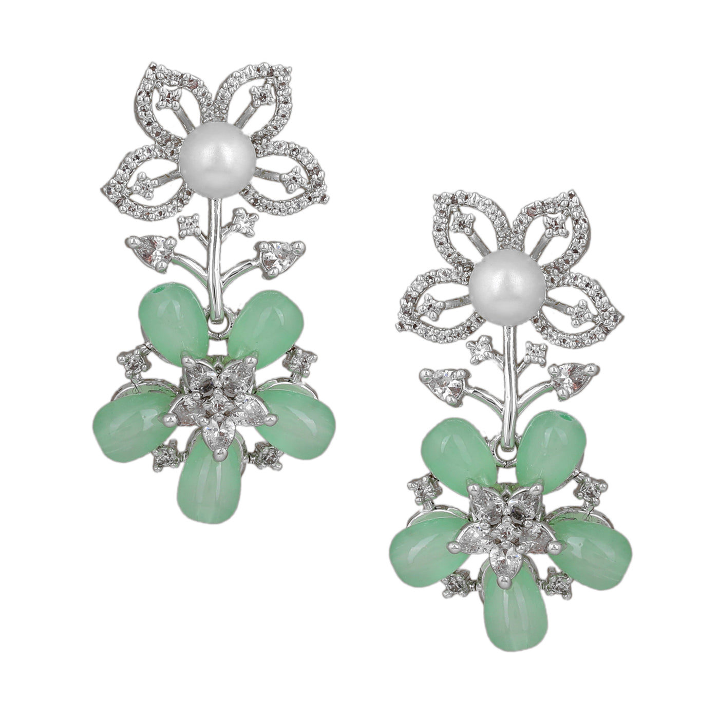 Estele Rhodium Plated CZ Dazzling Daisy Necklace Set with Mint Green Stones for Women