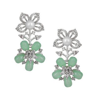 Estele Rhodium Plated CZ Dazzling Daisy Earrings with Mint Green Stones for Women