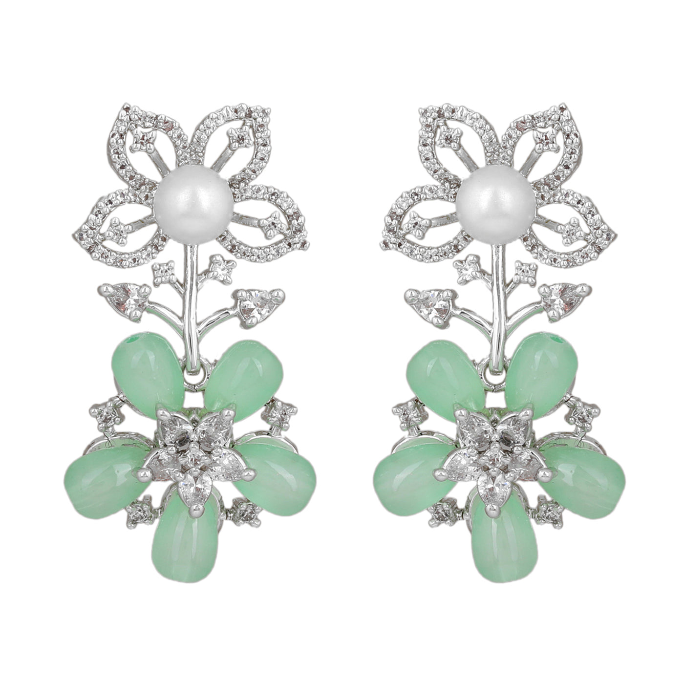 Estele Rhodium Plated CZ Dazzling Daisy Necklace Set with Mint Green Stones for Women