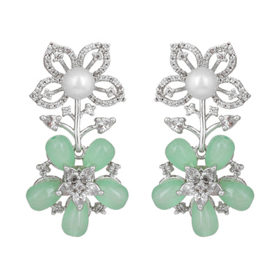 Estele Rhodium Plated CZ Dazzling Daisy Necklace Set with Mint Green Stones for Women