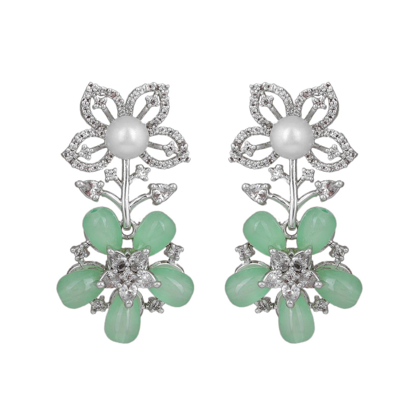 Estele Rhodium Plated CZ Dazzling Daisy Earrings with Mint Green Stones for Women