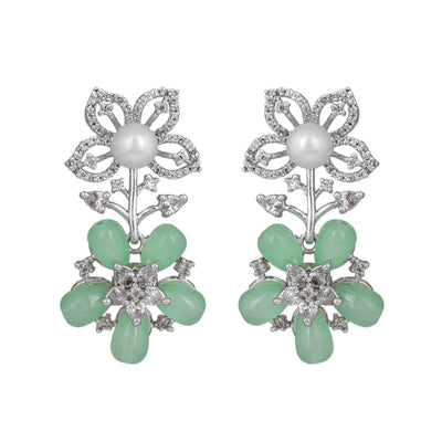 Estele Rhodium Plated CZ Dazzling Daisy Earrings with Mint Green Stones for Women