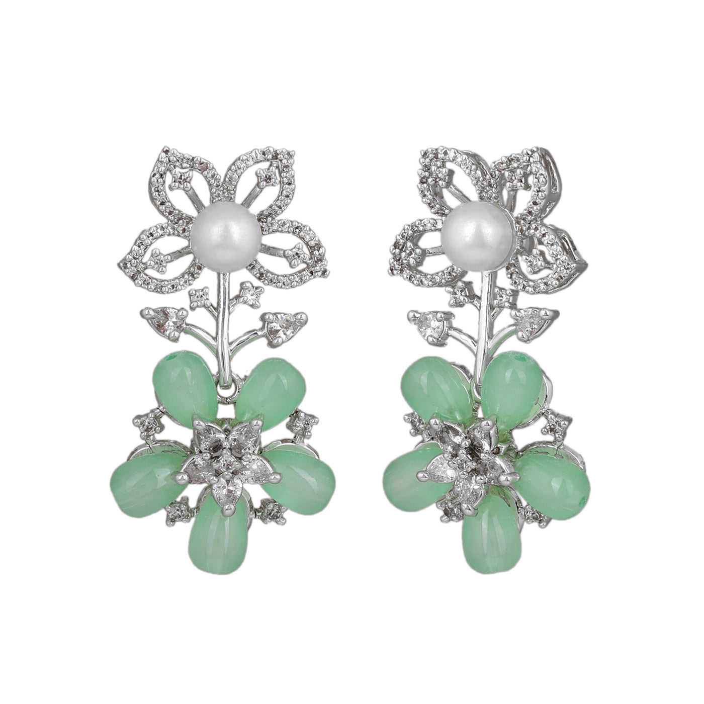 Estele Rhodium Plated CZ Dazzling Daisy Earrings with Mint Green Stones for Women