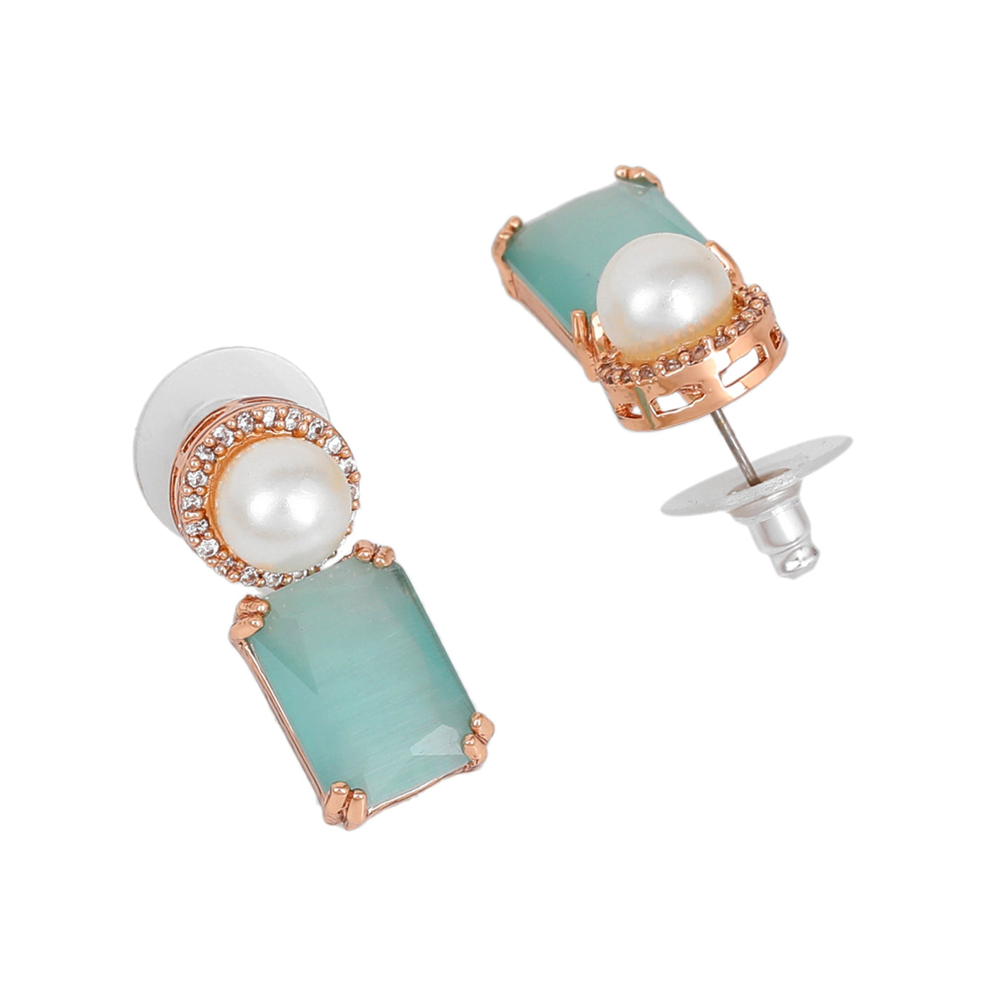 Estele Rose Gold Plated CZ Lovely Earrings with Mint Green Stones for Women