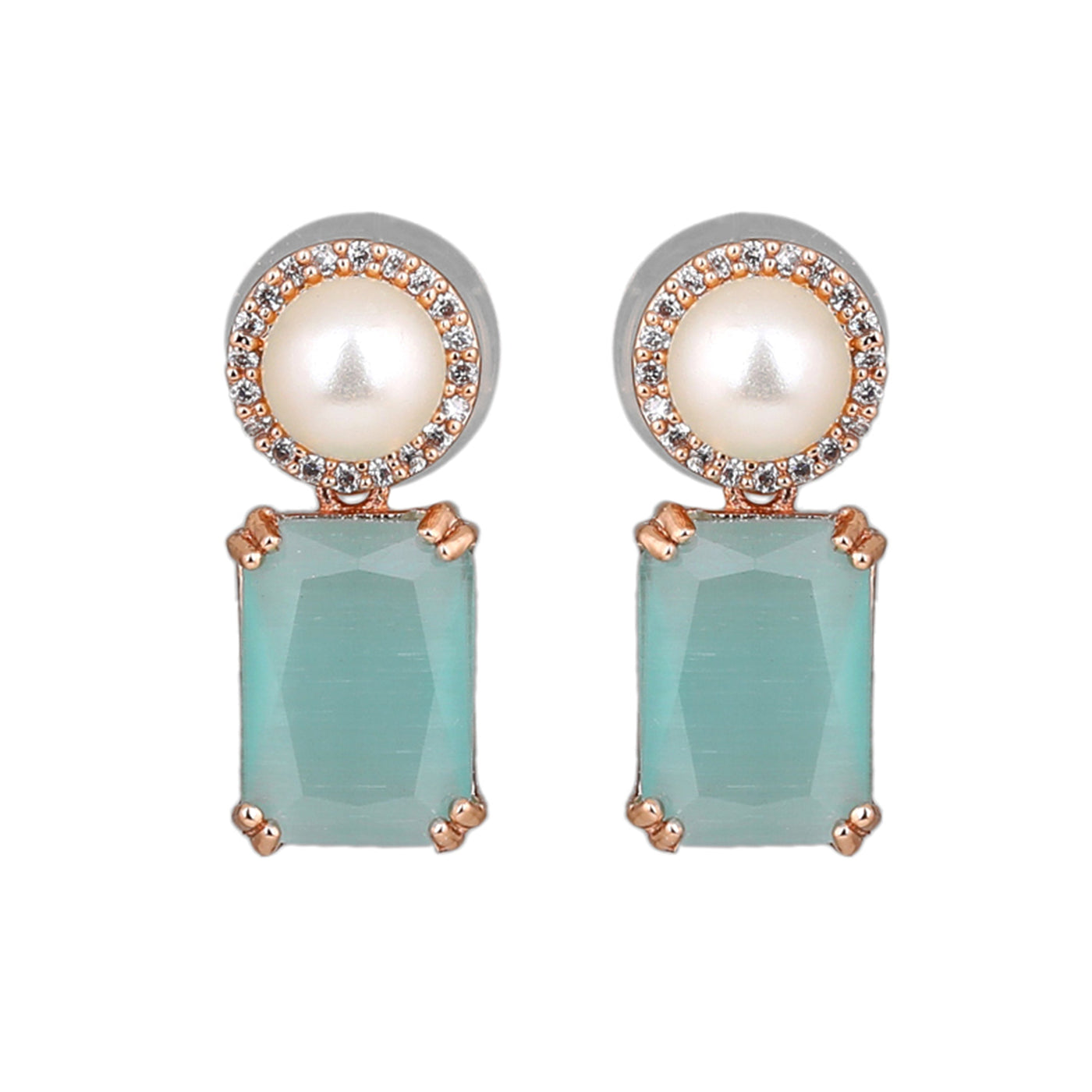 Estele Rose Gold Plated CZ Lovely Earrings with Mint Green Stones for Women